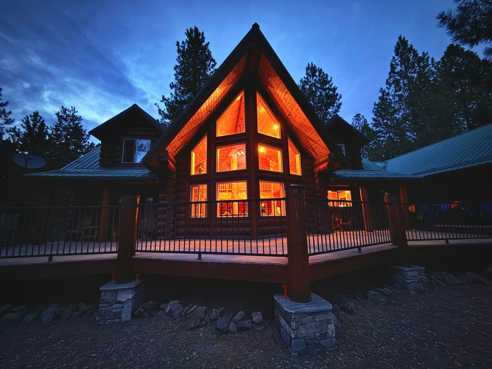 Cozy Montana rental cabin with warm lighting